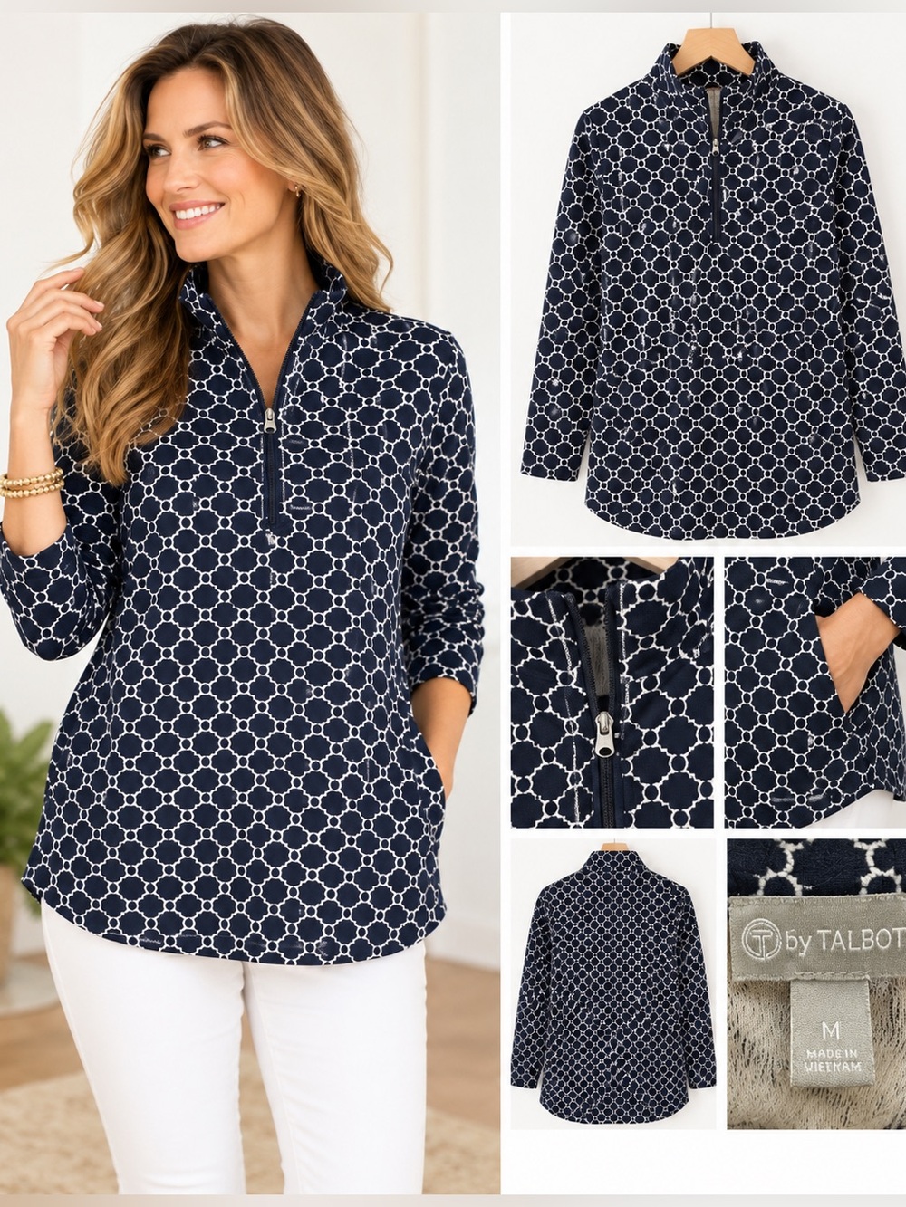 T by Talbots Navy White Geometric Print Quarter Zip Tunic Top M